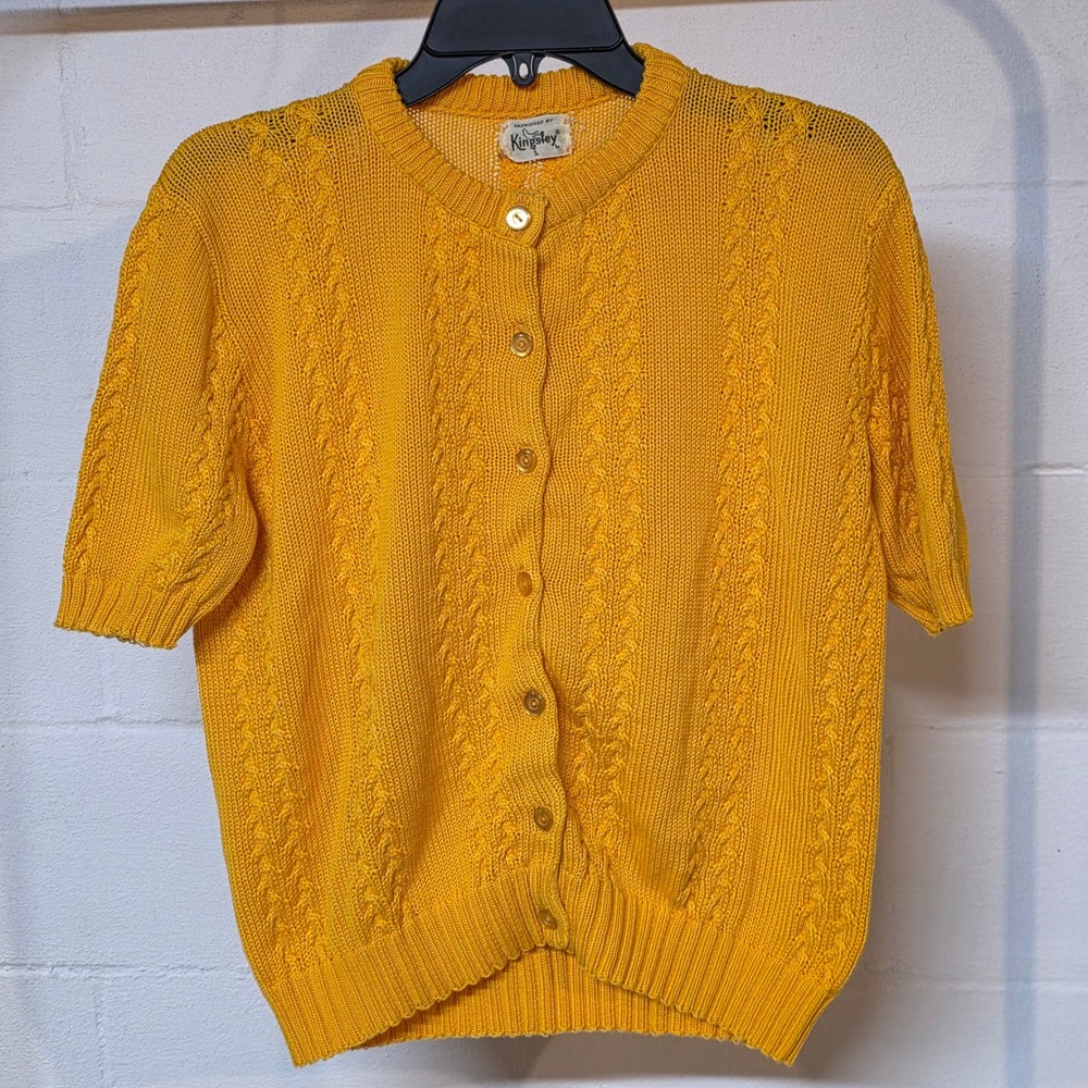 Vintage Kingsley Mustard Yellow Cable Knit Short Sleeve Button Up Cardigan Large